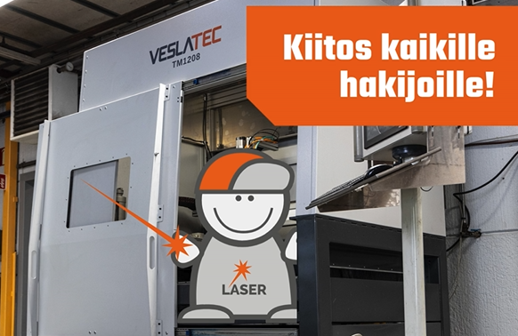 Laserboy hymyilee Veslatecin kierteytysautomaatin ovella. Kuvan päällä on teksti: Kiitos kaikille hakijoille!